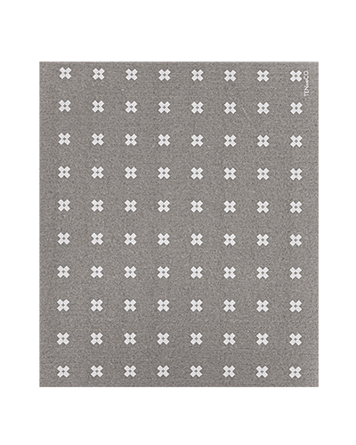 Flat lay image of LARGE Tiny X + Grey Sponge Cloth Mat. The mat has a grey base with tiny white x’s throughout. The Ten and Co. Logo is in tiny white font in the bottom right.